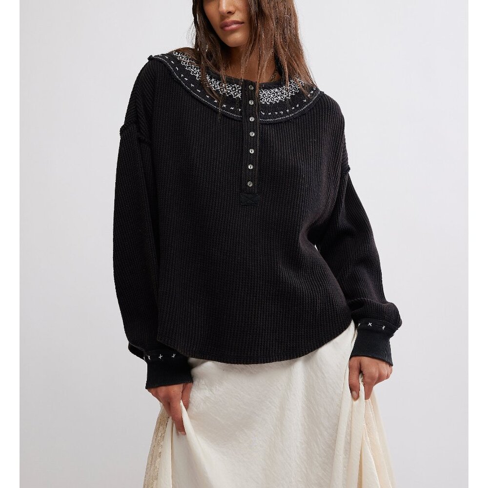 Free People Black Long Sleeve Top with Embellished Collar